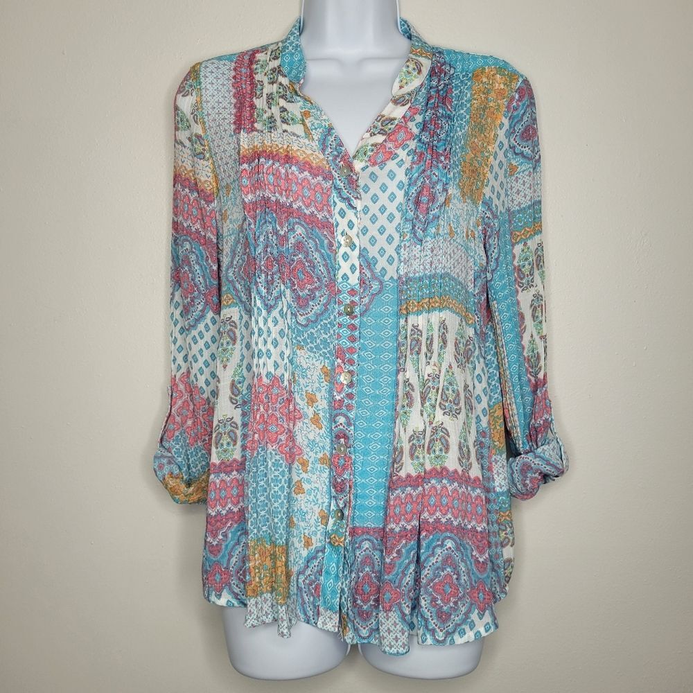 Ruby Rd Boho Button Front Roll Tab Sleeves Mix Pr… - image 1